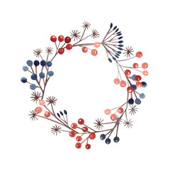 Obraz na płótnie Canvas Round wreath of dry winter blue and red berries. Twigs, plants, seeds, flowers for the design of Christmas greetings, dishes and fabrics. A hand-drawn watercolor isolated on a white 