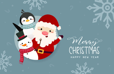 Merry Christmas and happy new year greeting card with cute Santa Claus, Snowman, and Penguin. Holiday cartoon character in winter season vector Illustration