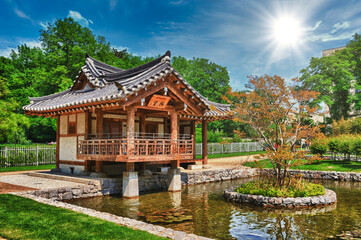 Korean Pagoda with small lake in the Park