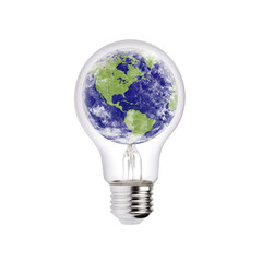 Green energy idea. Sustainable earth concept. Environmental and global warming. Ecology innovation. Green globe. Planet isolated. Lightbulb and earth protection. America.