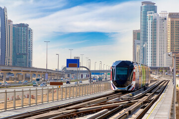 Fototapeta na wymiar New modern tram in Dubai