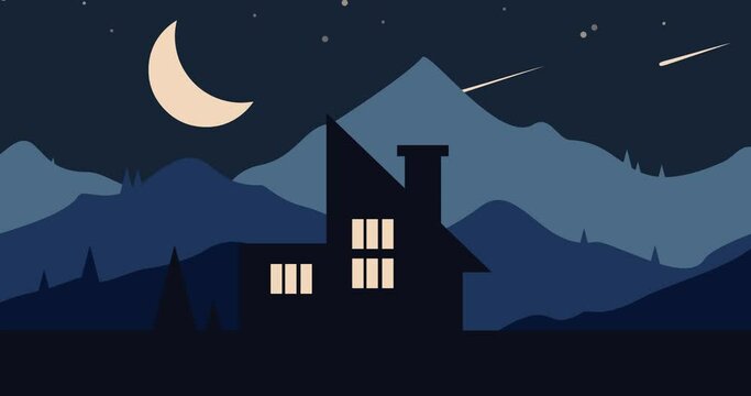 animated natural background of mountains and a house at night