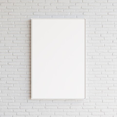 Decorative white frame hanging empty over a white brick wall. Recommendation for use of a large empty white frame hanging on a brick wall. 3d illustration.