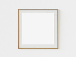 Wooden square photo frame on white wall background. Empty wooden picture photo frame mockup template isolated on white wall indoors. 3d illustration