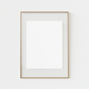 Wooden vertical photo frame portrait position on white wall background. Empty white picture frame mockup template isolated on white wall indoors.Vector illustrator. 3d illustration