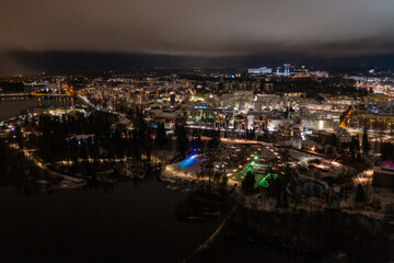 Aerial drone photo of downtown Oulu Finland Night Cityscape in Winter