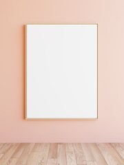 Wooden photo frame portrait artwork sample picture on pink wall background. Empty white picture space mockup template isolated on creamy wall. 3d illustration
