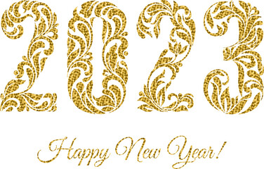 Happy New Year 2023. The figures with golden glitter made in floral ornament