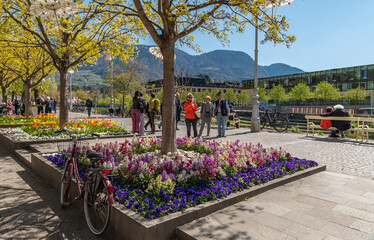 The town of Merano (Meran), South Tyrol, Trentino Alto Adige, Italy - Tourists visiting the city - april 11, 2022 - obrazy, fototapety, plakaty