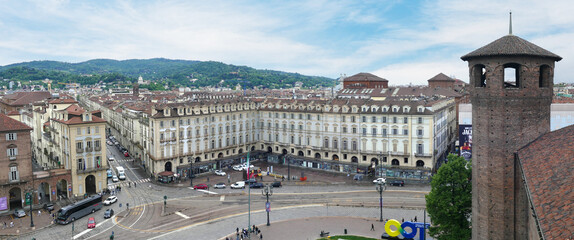Extra wide angle Aerial view of Castello Square in Turin with beautiful historic building