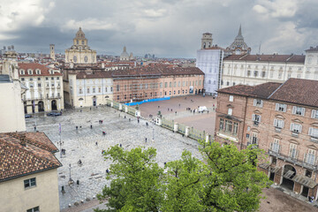Fototapeta na wymiar Extra wide angle Aerial view of Castello Square in Turin with beautiful historic building and Royal Palace