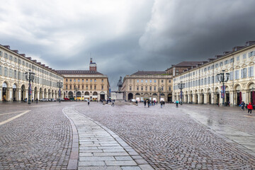 Obraz premium WIde angle view of the beautiful San Carlo Square in Turin with historical church and building