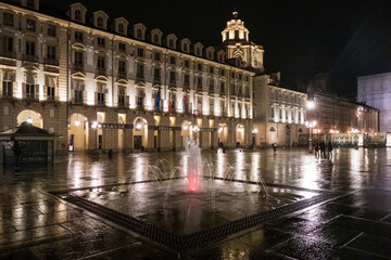 The beautiful Castle Square in Turin illuminated at night
