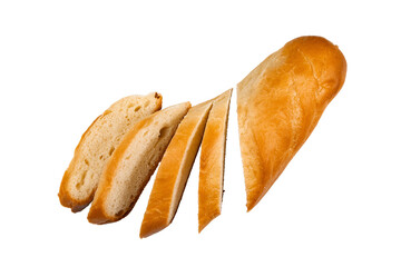 Sliced fresh french baguette isolated on white, top view