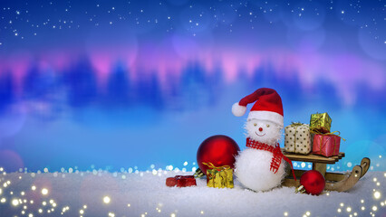 Christmas snowman with gifts on the sledge isolated om blur winter background.