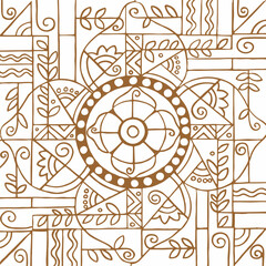 Hand draw outline Indian religious symbols pattern and abstract a vector four petal lotus flower and plant leaf