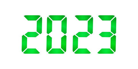 Fototapeta premium 2023 is dialed with digits of a seven-segment indicator in green on white isolated, concept of the new year, green LED number font
