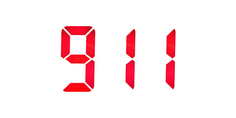 911 dialed with digits of a seven-segment indicator in red on white isolated, emergency call concept, red LED number font