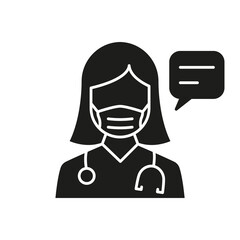 Doctor in Mask with Speech Bubble Consultation Concept Silhouette Icon. Healthcare Chat Icon. Physician Talking Glyph Black Pictogram. Medic Conversation. Isolated Vector Illustration