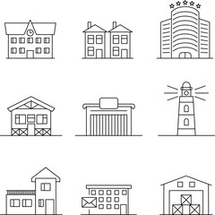 Buildings line vector icon set. Bank, library, school, courthouse, hospital, university. Architecture concept. Can be used for topics like office, city, real estate and other.
