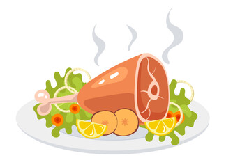 Chicken leg dish food with vegetables on plate concept. Vector graphic design illustration element
