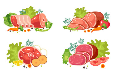 Raw meat slice beef food steak concept set. Vector graphic design illustration element