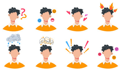 Avatar with empty face and different emotions character concept set. Vector graphic design illustration element