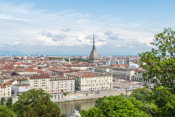 Fototapeta na wymiar Aerial view of the skyline of Turin with the Mole Antonelliana