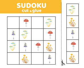 Sudoku for kids with poisonous mushrooms. Halloween sudoku game. Cut and glue. Cartoon