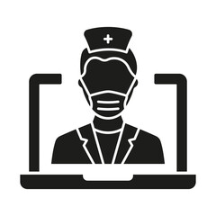 Online Digital Medicine Silhouette Icon. Doctor in Computer Medical Health Care Online Glyph Black Pictogram. Virtual Medicine Service Icon. Telemedicine. Isolated Vector Illustration