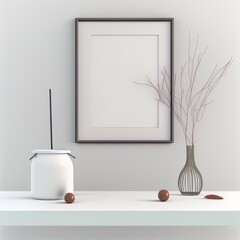 White desk with photo frame and minimal round vase with a decorative twig against white wall.