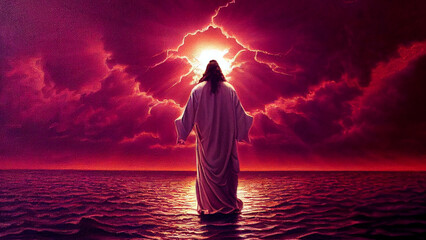 Jesus Christ talking with God and walking on the water - obrazy, fototapety, plakaty