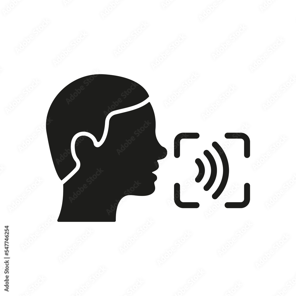 Poster command voice id recognition technology silhouette icon. access identification by voice glyph pictog