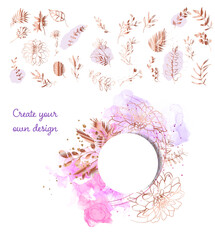 Big hand drawn plant set - universally useable. flowers with ornaments and gold glitter effects. Element design. Vector illustration with colorful watercolors and gold.