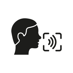 Command Voice ID Recognition Technology Silhouette Icon. Access Identification by Voice Glyph Pictogram. Verification Speak for Access Symbol. Voice Assistant Sign. Isolated Vector Illustration
