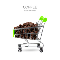 Roasted coffee beans in the shopping cart isolated on a yellow background. Coffee shop business...
