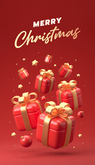Merry Christmas and Happy New Year festive composition. Colorful Xmas background with realistic 3d trees and gift boxes. Vector illustration