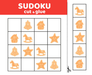 Sudoku for kids with gingerbreads. Christmas cookie. Sudoku for children. Cut and glue. Cartoon