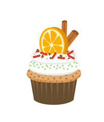 Cupcake with cream, orange, cinnamon. Cute Christmas dessert. Flat, cartoon, vector