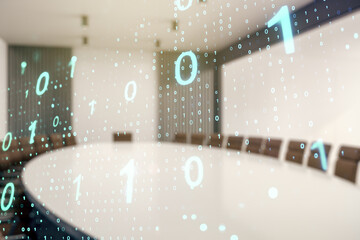 Naklejka na ściany i meble Abstract virtual binary code sketch on a modern boardroom background, hacking and matrix concept. Multiexposure