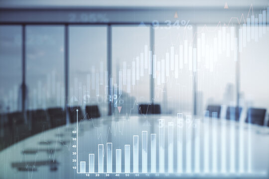 Multi exposure of abstract virtual financial graph hologram on a modern conference room background, forex and investment concept