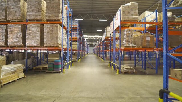 Interior of large warehouse retail store industry. Rack of furniture and home accessories stock storage. Interior of cargo in ecommerce and logistic concept. Depot