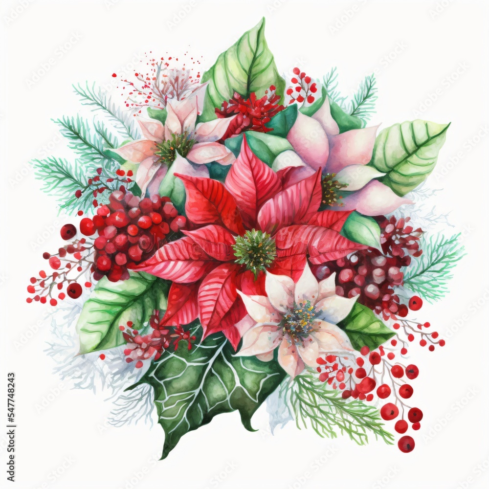 Wall mural Watercolor christmas background with flowers - Wall murals