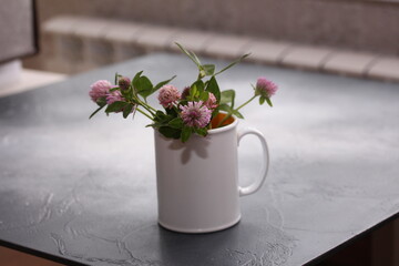 Clover bouquet in a mug on the table. Home decor.
