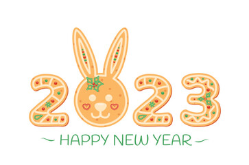 2023. Happy new year by cookie figures. Christmas gingerbread font 2023. Vector