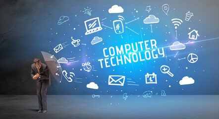 Businessman defending with umbrella, modern technology concept