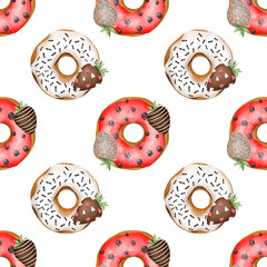 Seamless pattern of colored round white and red glazed donuts with chocolate strawberries, hand drawn watercolor illustration on white background