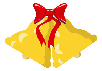 Dos campanas amarillas en un lazo rojo.