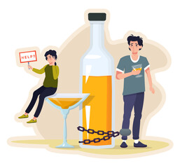 Fototapeta premium Alcoholism concept. Drunken man and woman. People with alcohol abuse. Man with a glass chained to the bottle. Woman asking for help. Addicted drinkers flat vector illustration.