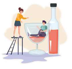 Alcoholism concept. Woman lending helping hand to addicted man with alcohol abuse. Man sitting in the glass of wine. Wrong choice in life. Bad habit. Drinker wants to stop drinking.  Addicted drinker 